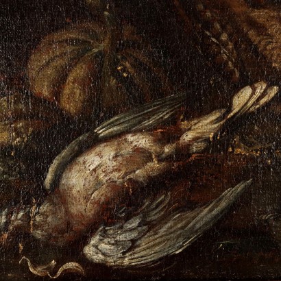 Still life painting with pumpkins and flies,Still life with pumpkins and birds