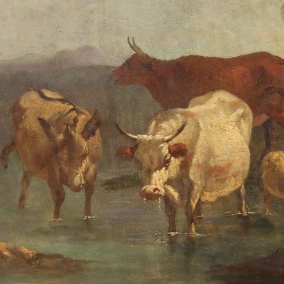 Cuadro de paisaje con rebaños y figuras.