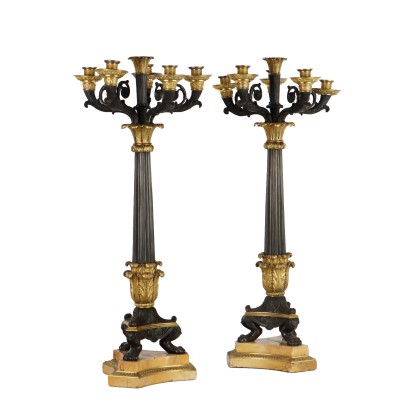 Paire de Bougeoirs Anciens Napoléon III '800 Bronze Doré et Bruni