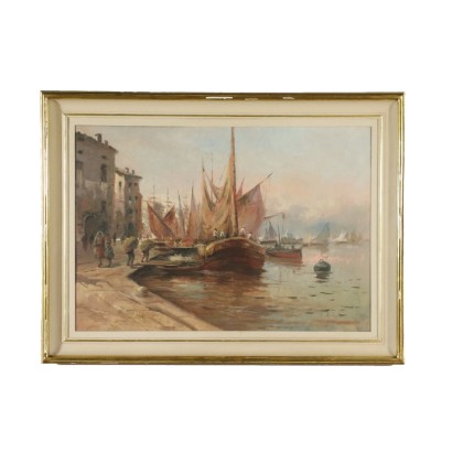 Harbour Glimpse Oil on Canvas 20th Century