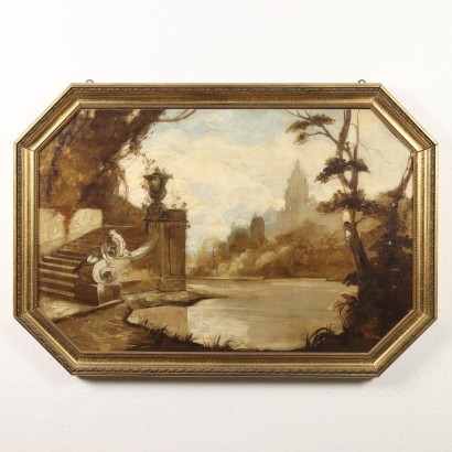 Tableau Ancien '800 Paysage de Rivière avec Escalier Huile sur Toile