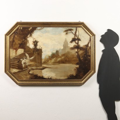 Paysage fluvial peint avec escalier