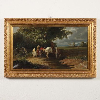 Dipinto Paesaggio con Viandanti in Sosta