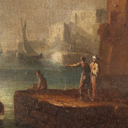 Malerei Hafenlandschaft mit Figuren