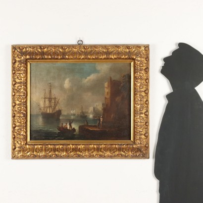 Malerei Hafenlandschaft mit Figuren