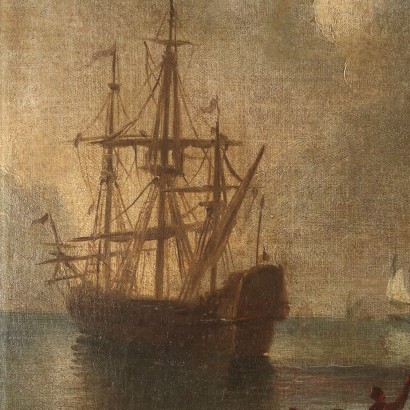 Malerei Hafenlandschaft mit Figuren