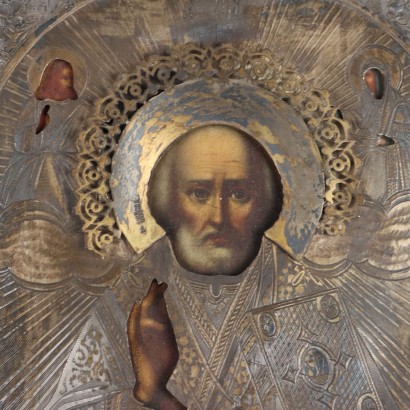 Antike Ikone des XIX Jhs Heiliger Nikolaus Tempera auf Holz