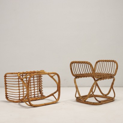 Pair of stools, two bamboo footstools from the 1950s and 1960s