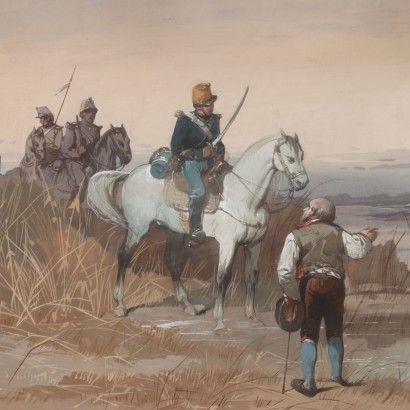Pintura con patrulla a orillas del Po.