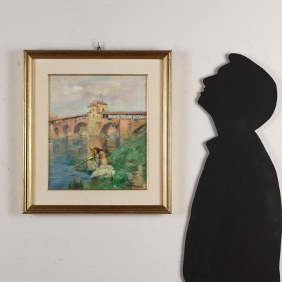 Pintura de Mario Acerbi,Ponte Vecchio en Pavía,Mario Acerbi,Mario Acerbi