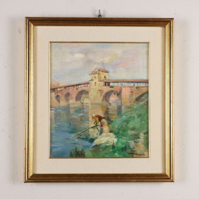 Pintura de Mario Acerbi,Ponte Vecchio en Pavía,Mario Acerbi,Mario Acerbi