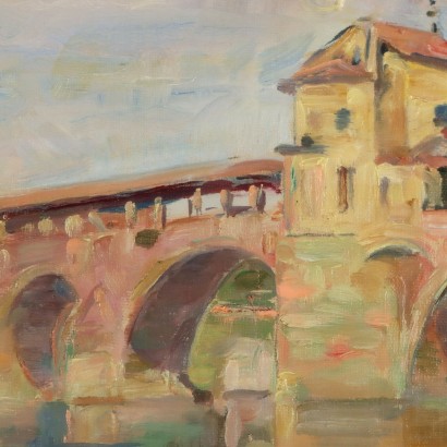 Pintura de Mario Acerbi,Ponte Vecchio en Pavía,Mario Acerbi,Mario Acerbi