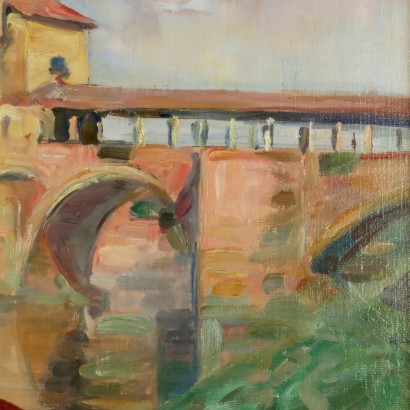 Pintura de Mario Acerbi,Ponte Vecchio en Pavía,Mario Acerbi,Mario Acerbi