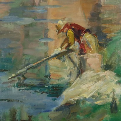 Pintura de Mario Acerbi,Ponte Vecchio en Pavía,Mario Acerbi,Mario Acerbi