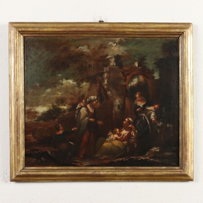 Dipinto di Paesaggio con Donne alla Fo,Paesaggio con donne alla fonte