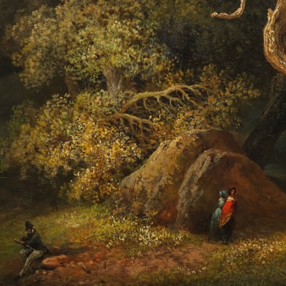 Cuadro con figuras en el bosque.