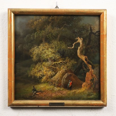 Cuadro con figuras en el bosque.