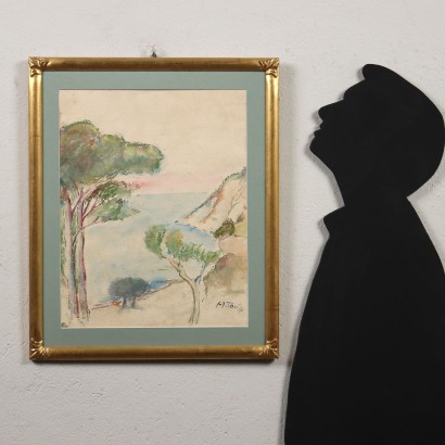 Dipinto ad acquarello di Arturo Tosi,Paesaggio con pini marittimi,Arturo Tosi,Arturo Tosi,Arturo Tosi