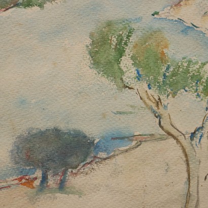 Dipinto ad acquarello di Arturo Tosi,Paesaggio con pini marittimi,Arturo Tosi,Arturo Tosi,Arturo Tosi