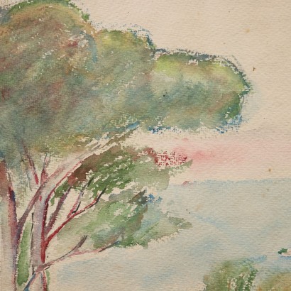 Dipinto ad acquarello di Arturo Tosi,Paesaggio con pini marittimi,Arturo Tosi,Arturo Tosi,Arturo Tosi