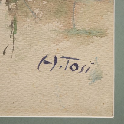 Dipinto ad acquarello di Arturo Tosi,Paesaggio con pini marittimi,Arturo Tosi,Arturo Tosi,Arturo Tosi