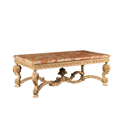 Table Basse Ancienne en Bois Laqué Plateau en Marbre Italie XXe Siècle