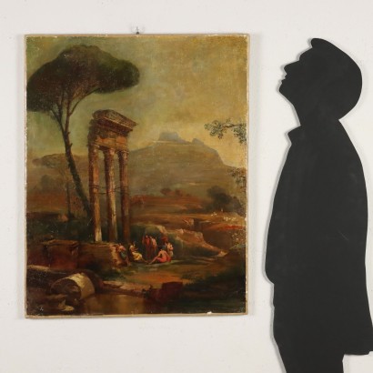 Peinture de paysage bucolique avec personnages, paysage bucolique avec personnages classiques
