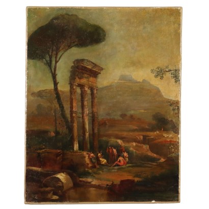 Peinture de paysage bucolique avec personnages, paysage bucolique avec personnages classiques