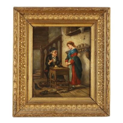Tableau Ancien avec Scène du Cordonnier Huile sur Toile '800