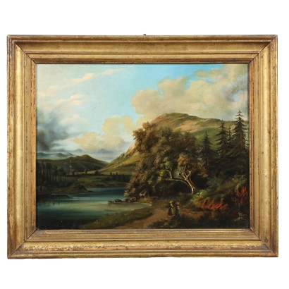 Pintura Paisaje con Río y Figuras 1862