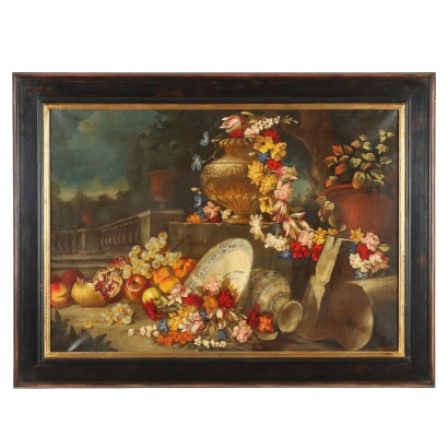 Dipinto Natura morta con Fiori Frutta e Vasellame