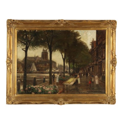 Painting by Heinrich Hermanns,The flower market in Dordrecht,Heinrich Hermanns,Heinrich Hermanns,Heinrich Hermanns