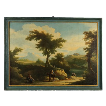 Dipinto Paesaggio con Lavandaie al Fiume