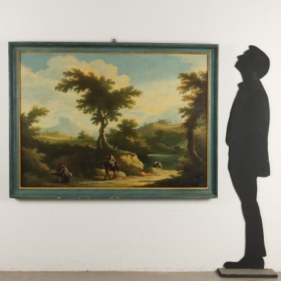 Dipinto Paesaggio con Lavandaie al Fiume