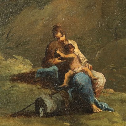 Dipinto Paesaggio con Lavandaie al Fiume