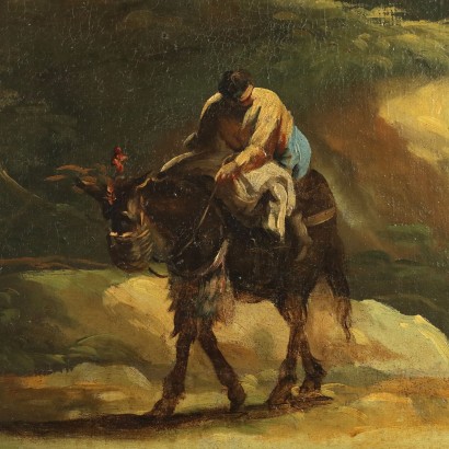 Dipinto Paesaggio con Lavandaie al Fiume