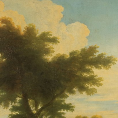 Dipinto Paesaggio con Lavandaie al Fiume