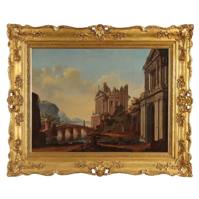 Dipinto Paesaggio con Capricci architettonici