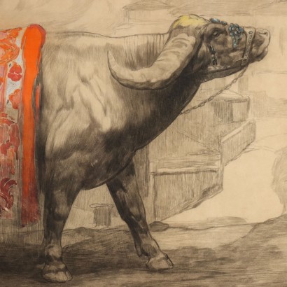 lápiz P. JOUVE,Pintura de Paul Jouve,Búfalo en Salónica,Paul Jouvé,Paul Jouve,Paul Jouve