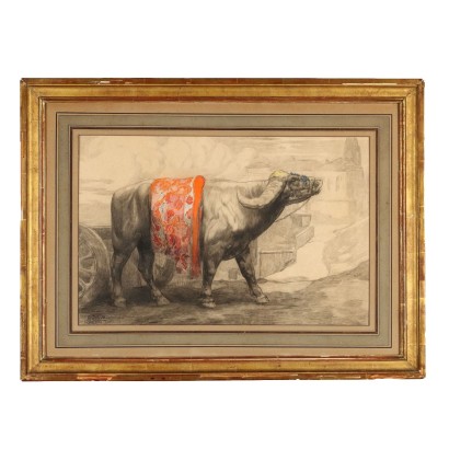lápiz P. JOUVE,Pintura de Paul Jouve,Búfalo en Salónica,Paul Jouvé,Paul Jouve,Paul Jouve