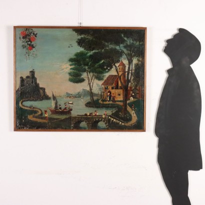 Dipinto Paesaggio lacustre con Personaggi,Scorcio lacustre con personaggi
