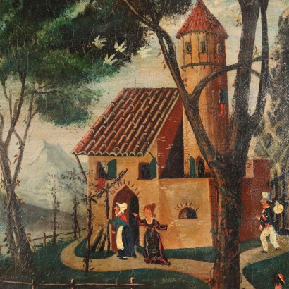 Dipinto Paesaggio lacustre con Personaggi,Scorcio lacustre con personaggi