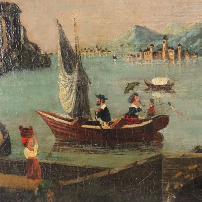 Dipinto Paesaggio lacustre con Personaggi,Scorcio lacustre con personaggi