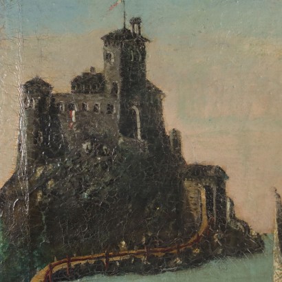 Dipinto Paesaggio lacustre con Personaggi,Scorcio lacustre con personaggi