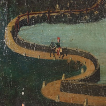 Dipinto Paesaggio lacustre con Personaggi,Scorcio lacustre con personaggi