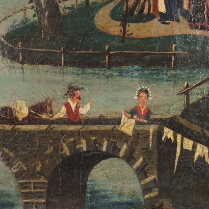 Dipinto Paesaggio lacustre con Personaggi,Scorcio lacustre con personaggi