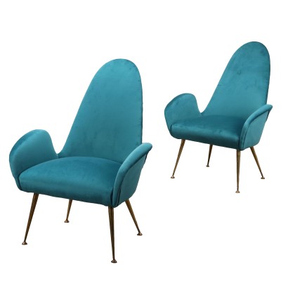 Pair of Vintage 1950s Armchairs Brass Velvet Italy