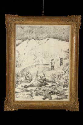 arte, novecento, Federico Ferrari (1917-1979), 1970, caccia al germano, matita su carta