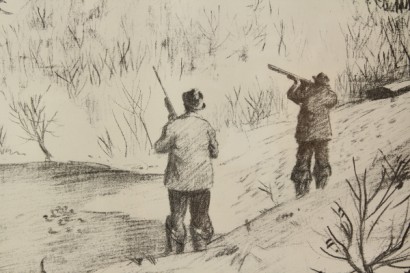 arte, novecento, Federico Ferrari (1917-1979), 1970, caccia al germano, matita su carta