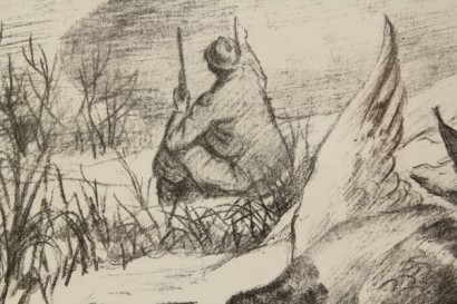 arte, novecento, Federico Ferrari (1917-1979), 1970, caccia al germano, matita su carta